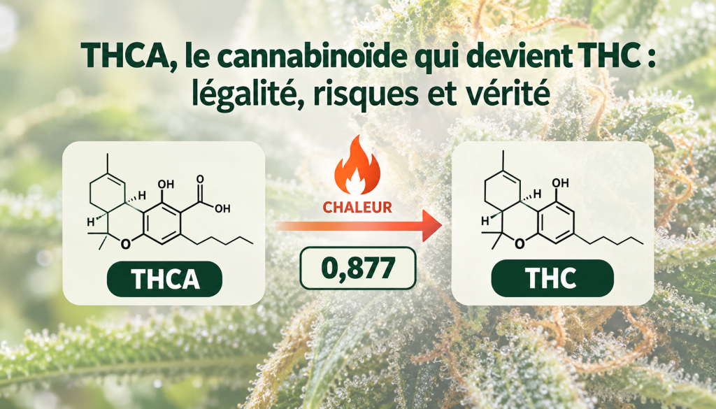 Gros plan d'une fleur de chanvre riche en THCA, trichomes et schéma de transformation visibles